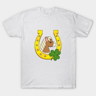 Cute Brown Horse with Golden Horse Shoe and Shamrock T-Shirt